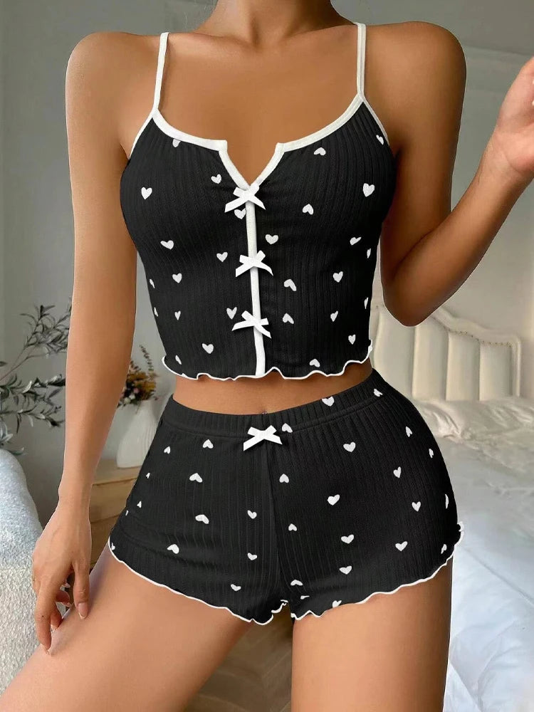 Silk Heart-Print Pajama Set – Cami Top & Shorts