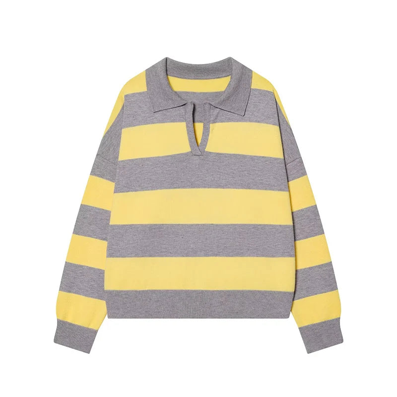 Autumn Women's New Knitted Striped Sweater Polo Neck Pullover Autumn Fashion Loose Elegant Warm Young Women Sweater Street