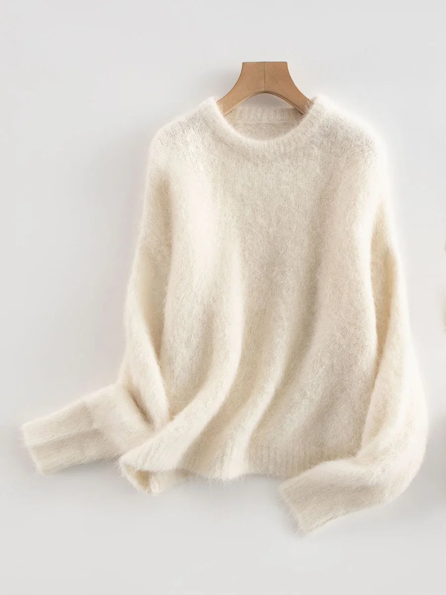 SuyaDream Warm Alpaca Pullovers for Woman, Dropped Sleeved Loose Sweaters, Brushed Wool Knit Sweater, Fall Winter Top