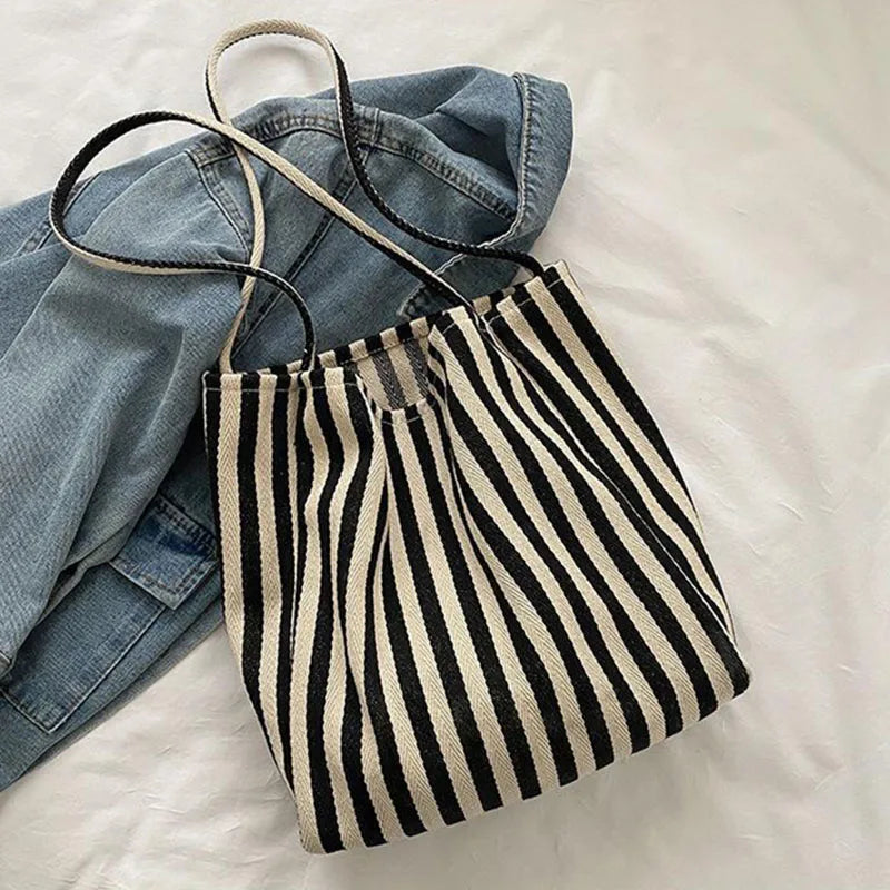 Large Capacity Korean Style Stripe Canvas Tote Bag Female Casual Simple Shoulder Bags Shopping Handbag Daily Totes Bag
