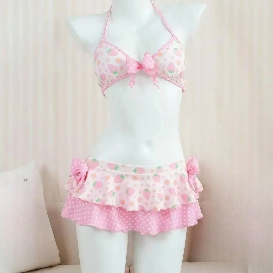Japanese Style Kawaii Girls Swimsuit Sweet Printed Halter Bikini Swimsuit Women Ruffle Bikini Set Bather Bathing Suit Swim