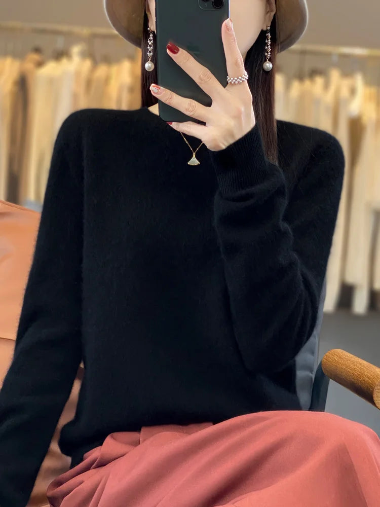 100% Merino Wool Sweater Women O-neck Cashmere Knitwear Female Pullover Autumn Winter Casual Tops Solid Color Soft Clothing