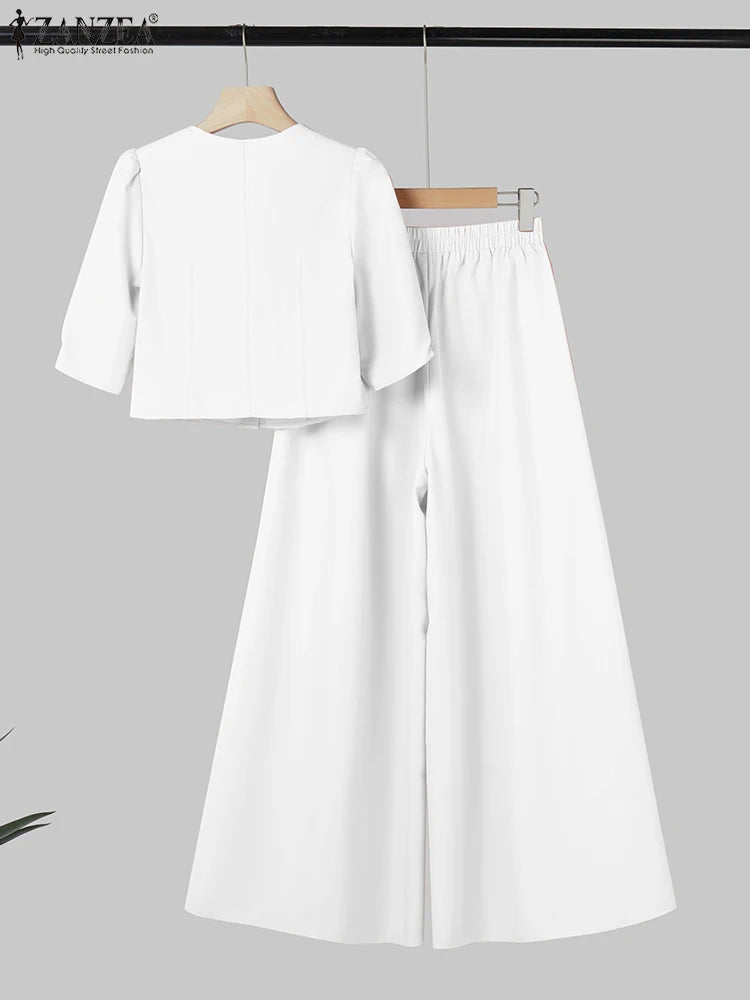 ZANZA Fashion Summer Trousers Suit 2PCS Women Matching Sets Elegant Short Sleeve Blouse Wide Leg Pant Sets OL Work Outfits