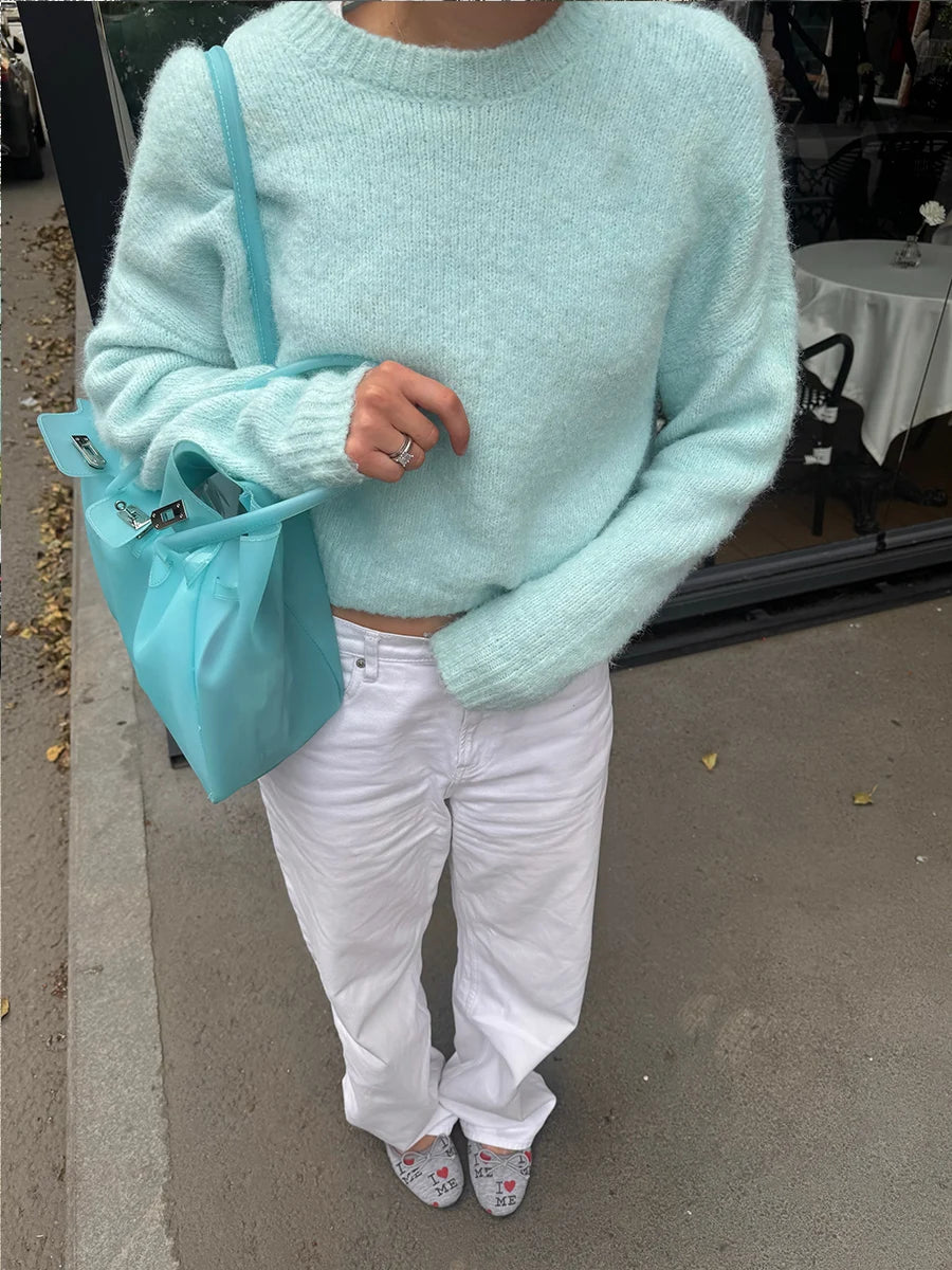 Hirsionsan Basic O Neck Basic Sleeve Sweater Women  Oversized Short Knitted Wool Pullover Female Casual Thick Warm Soft Tops