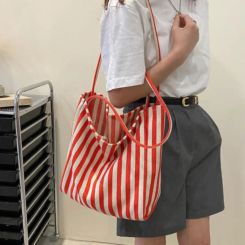 Large Capacity Korean Style Stripe Canvas Tote Bag Female Casual Simple Shoulder Bags Shopping Handbag Daily Totes Bag