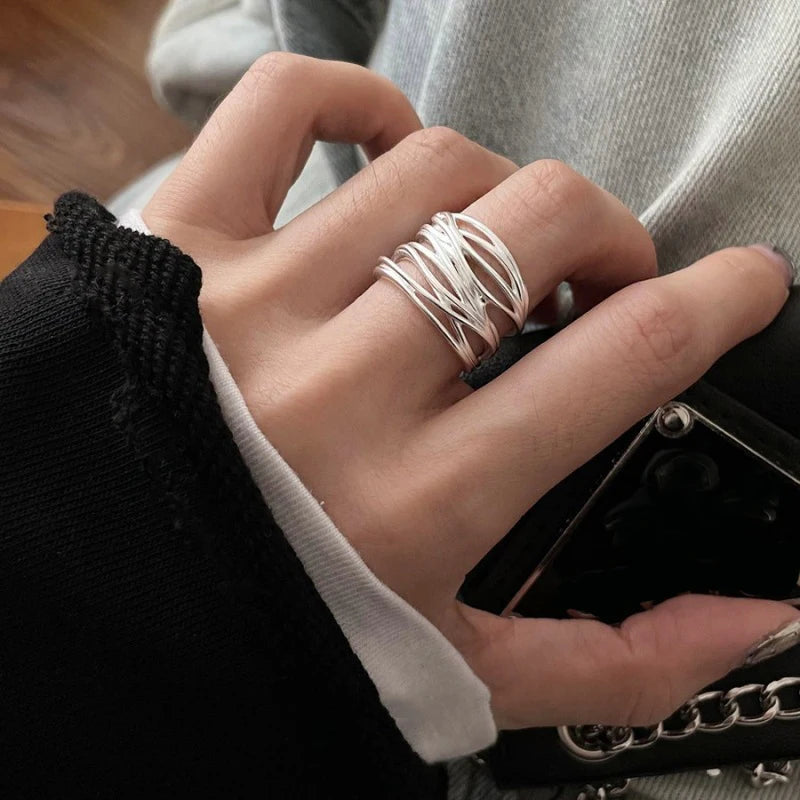VENTFILLE 925 Sterling Silver Rings INS Fashion Hip Hop Vintage Couples Hollow Lines Punk Thai Silver Party Adjustable  Jewelry