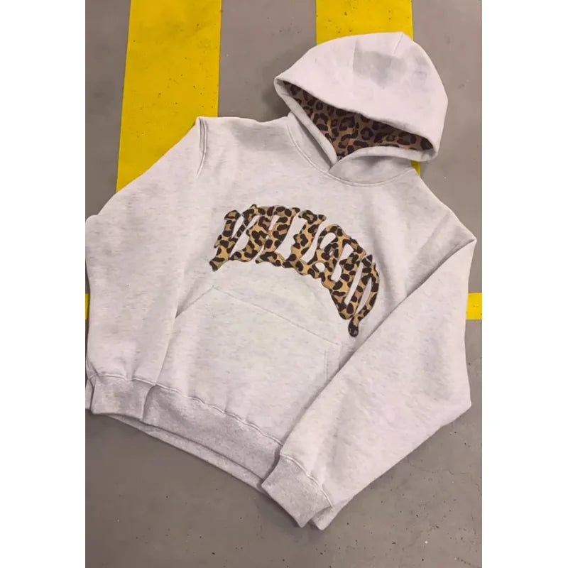 European and American New Trendy High Street Leopard Print Loose Hooded Sweatshirt Casual Stacking Sweatpants