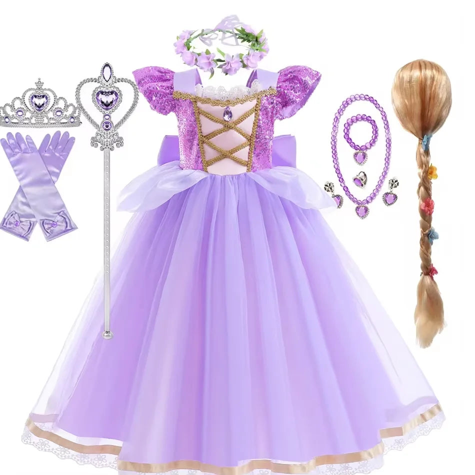 Summer Rapunzal Girl Princess Dress Cosplay Tangled Halloween Birthday Party Vestido Kids Birthday Costume