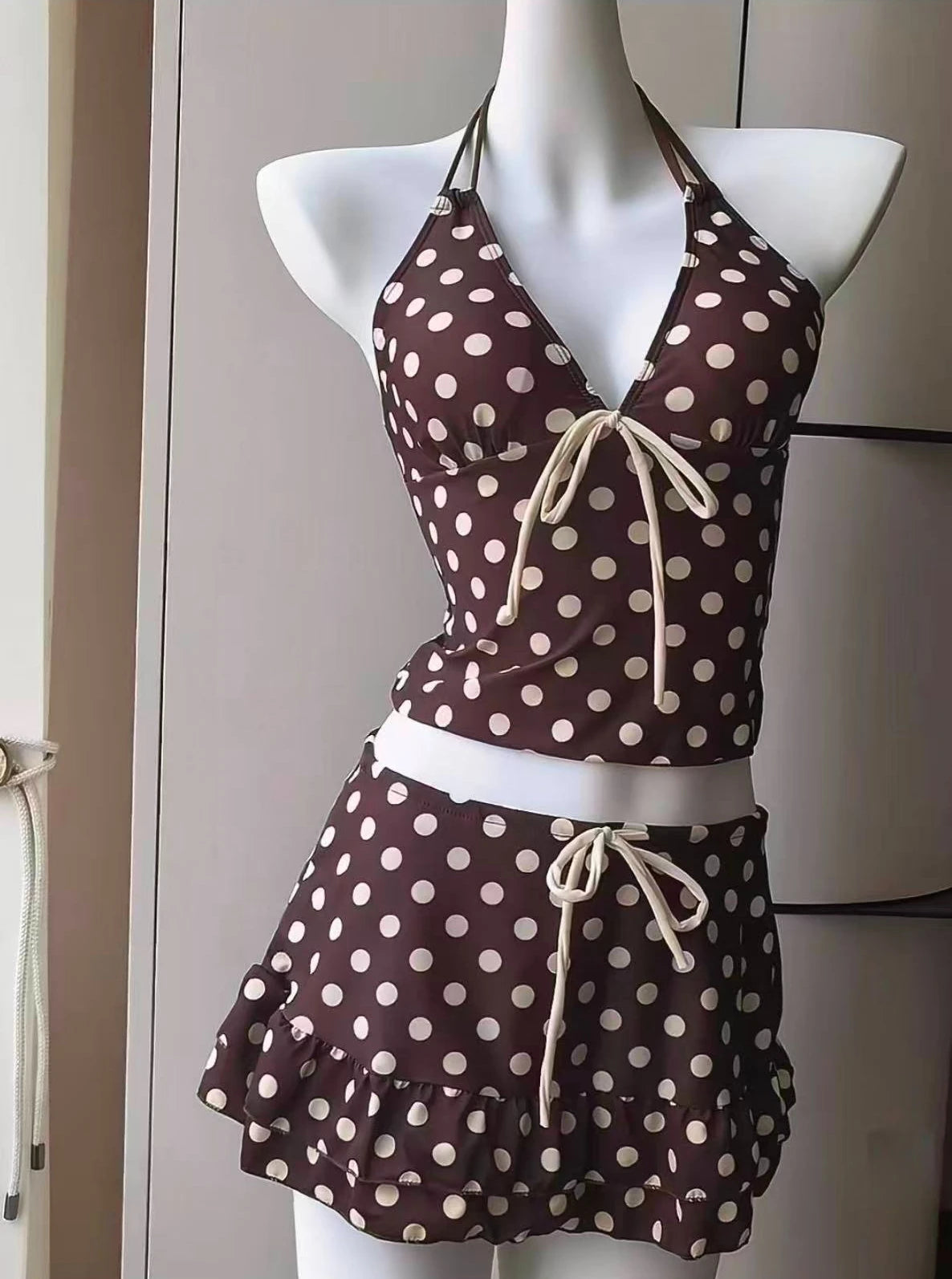 Japanese Style Kawaii Girls Swimsuit Sweet Printed Halter Bikini Swimsuit Women Ruffle Bikini Set Bather Bathing Suit Swim