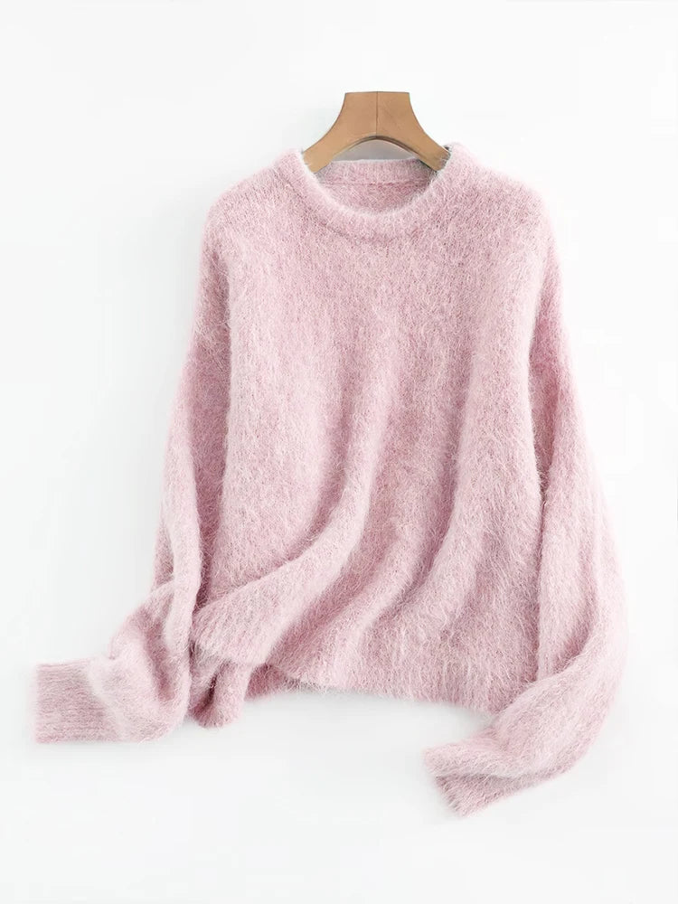 SuyaDream Warm Alpaca Pullovers for Woman, Dropped Sleeved Loose Sweaters, Brushed Wool Knit Sweater,  Fall Winter Top