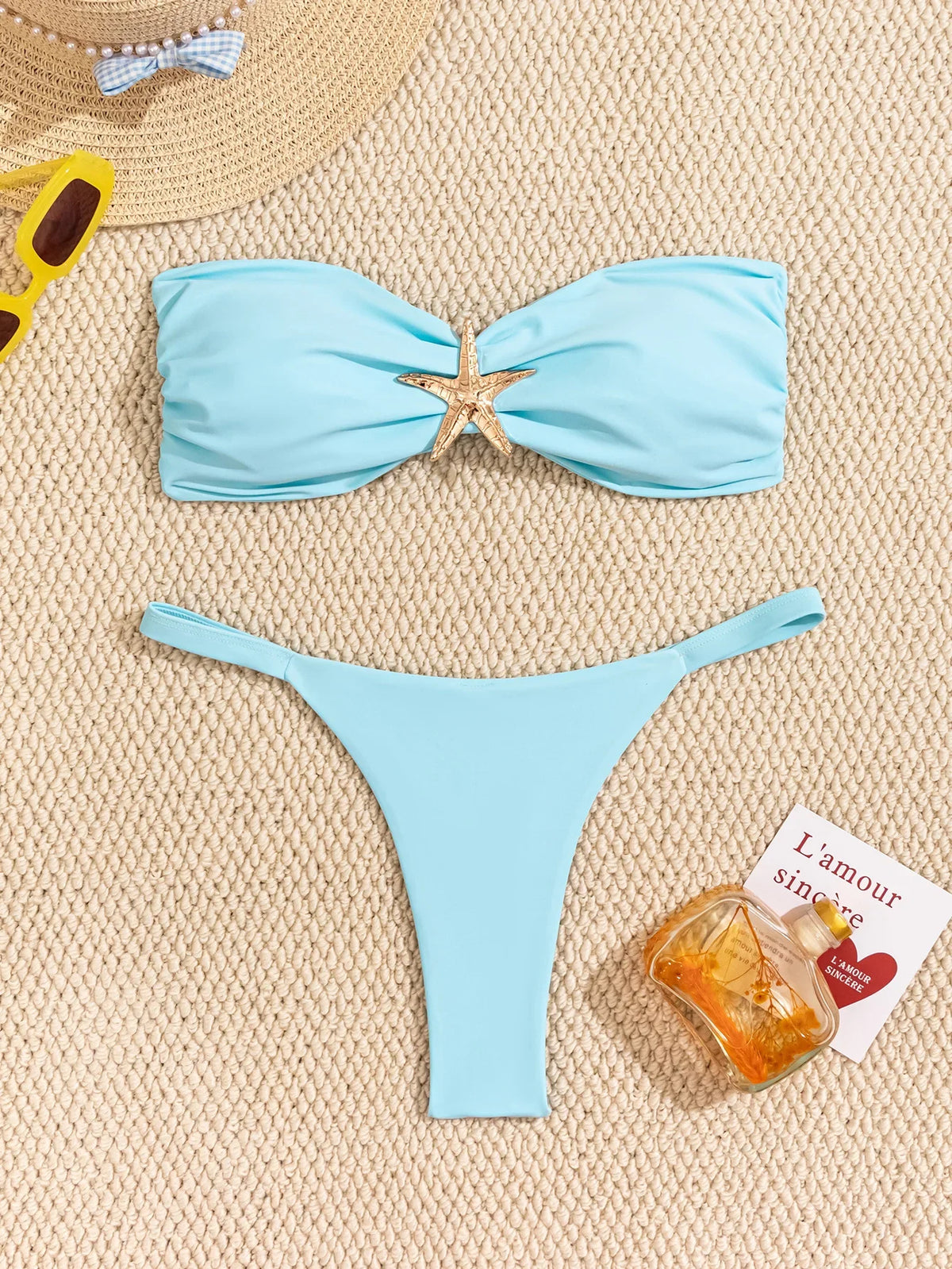 Sexy Bandeau Bikini Set  Women Sky Blue Starfish Ornament Push Up Thong Swimsuit Brazilian Beach Bathing Suit Micro Swimwear