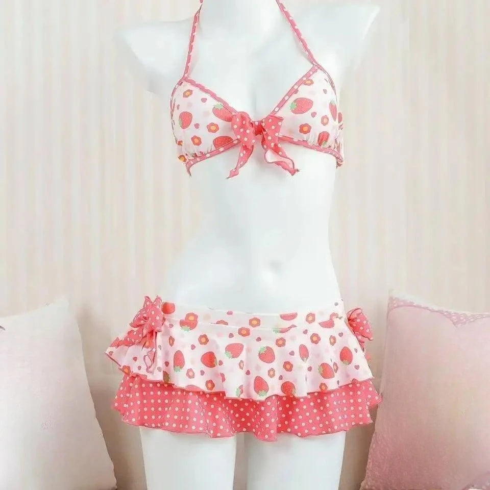 Japanese Style Kawaii Girls Swimsuit Sweet Printed Halter Bikini Swimsuit Women Ruffle Bikini Set Bather Bathing Suit Swim