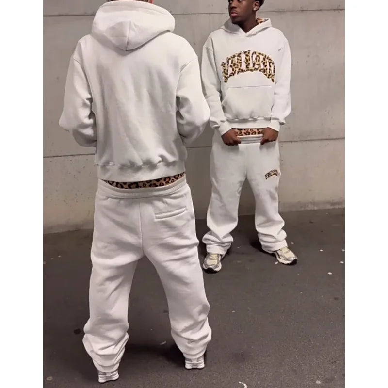 European and American New Trendy High Street Leopard Print Loose Hooded Sweatshirt Casual Stacking Sweatpants