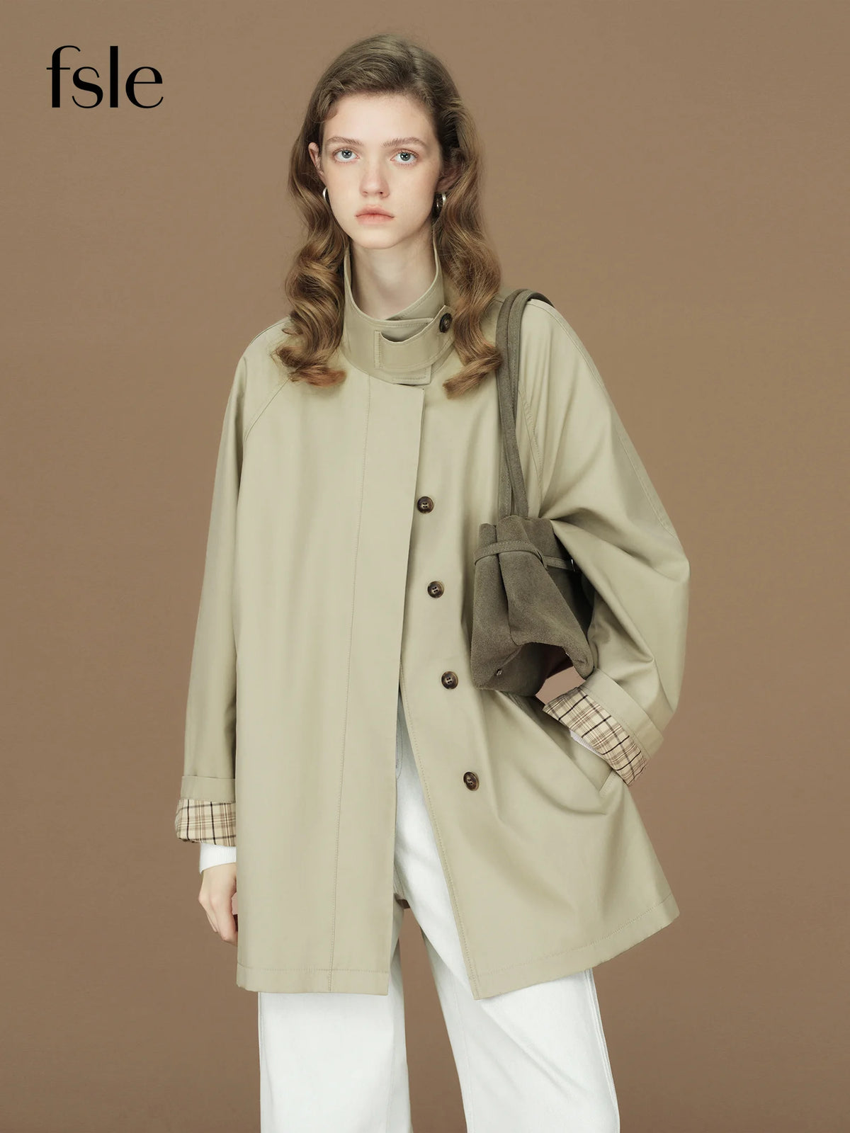 FSLE  Womens British Trench Coat Contrast Cuff Stand Collar Heritage Workwear Style Pink Black Khaki Short Long Trench Coat
