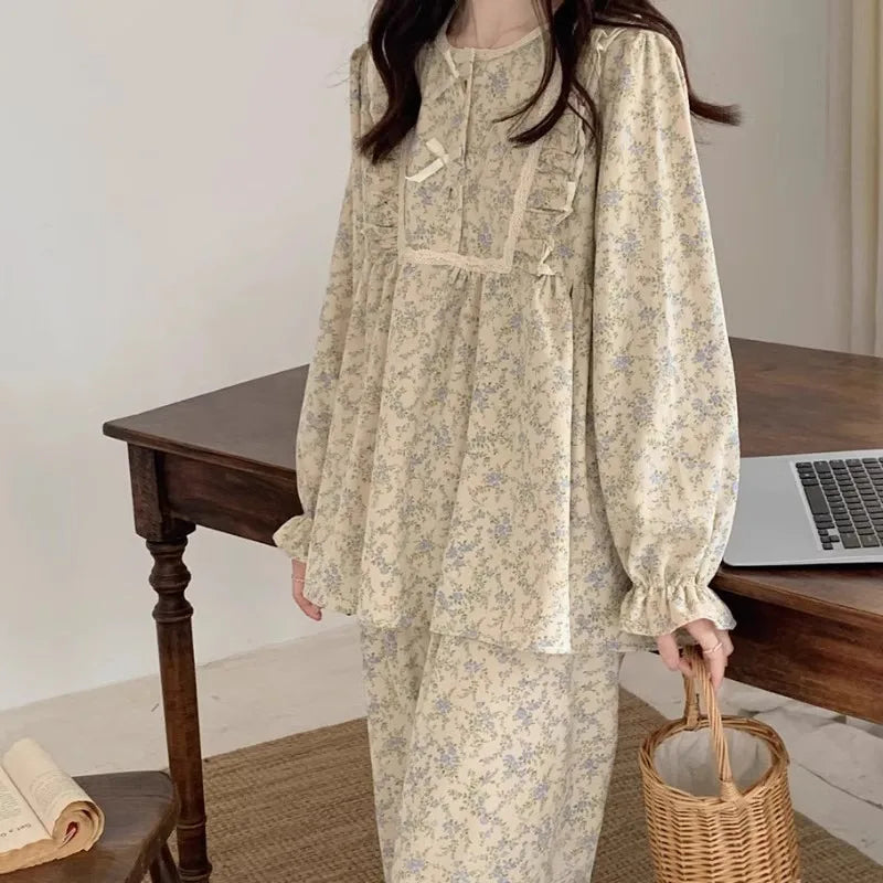 Women Plus Size Pajamas Garden Style Student Homewear Two-Piece Korean Version of the Bow Can Be Worn Outside Long-Sleeved Women