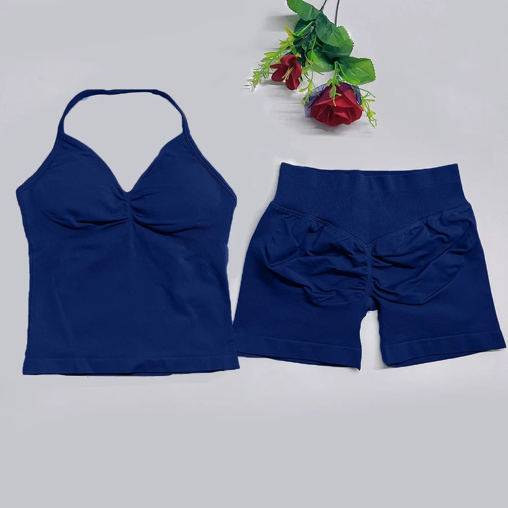 2Pcs Gym Set Yoga Longline Strappy Top and Seamless Scrunch Butt Lifting Short Workout Yoga Set Outfits