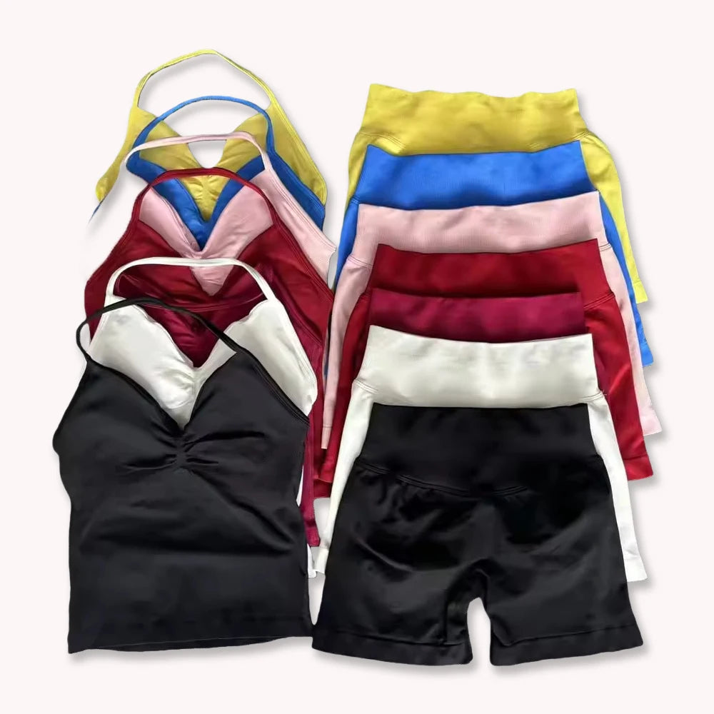 2Pcs Gym Set Yoga Longline Strappy Top and Seamless Scrunch Butt Lifting Short Workout Yoga Set Outfits