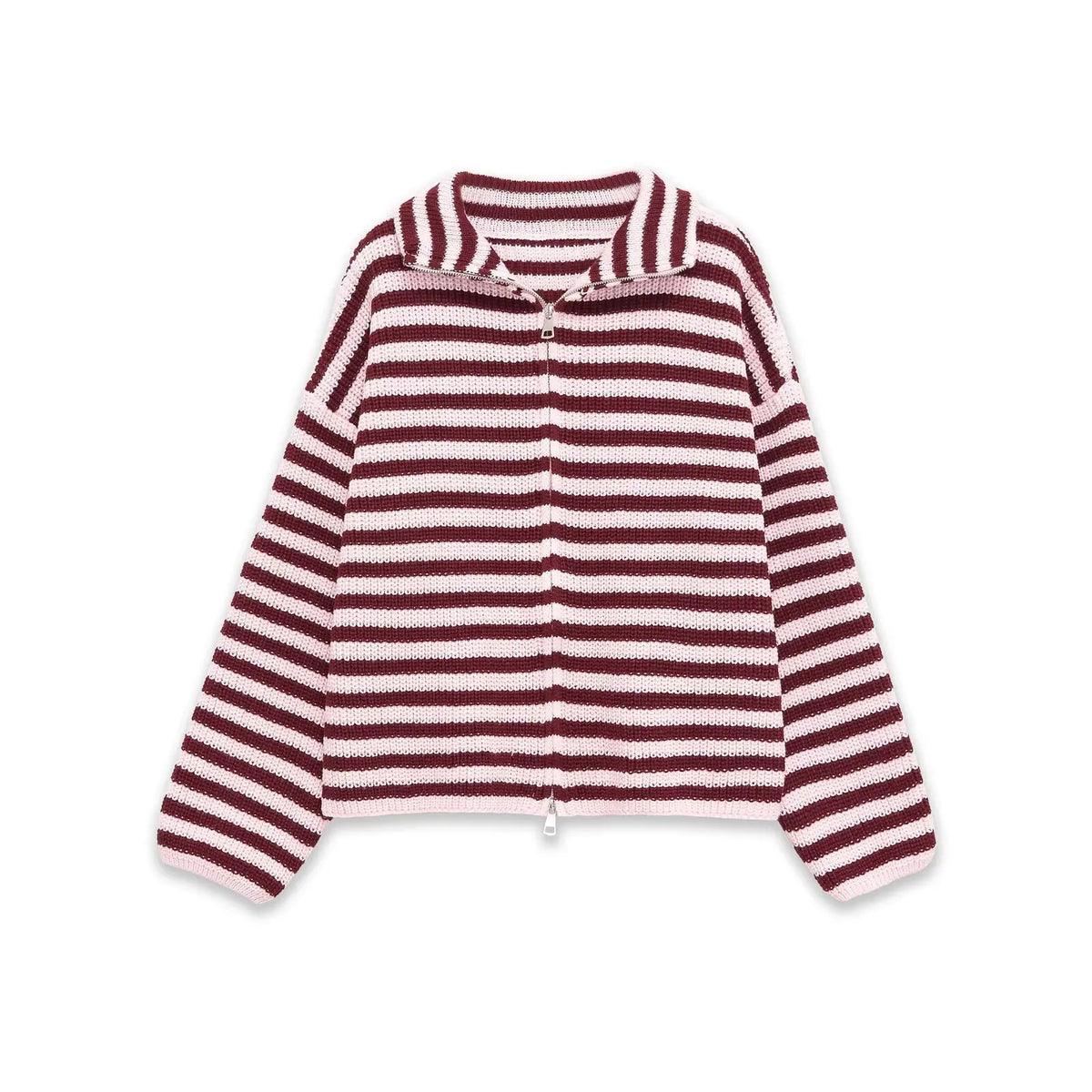 New Spring Striped Loose Knit Cardigans Women Casual Turtleneck Zip-up Pink Sweater Coat Women Knitwear Streetwear