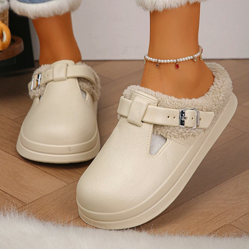 Winter Warm Fluffy Clogs Slippers Women Eva Waterproof Non