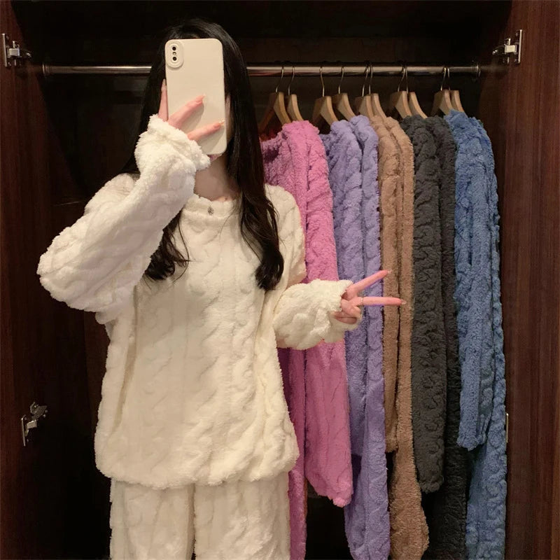 Women's Autumn and Winter Thermal Pajamas Sets Coral Velvet Jacquard Warm Loungewear Female Soft Comfortable Thickened Sleepwear