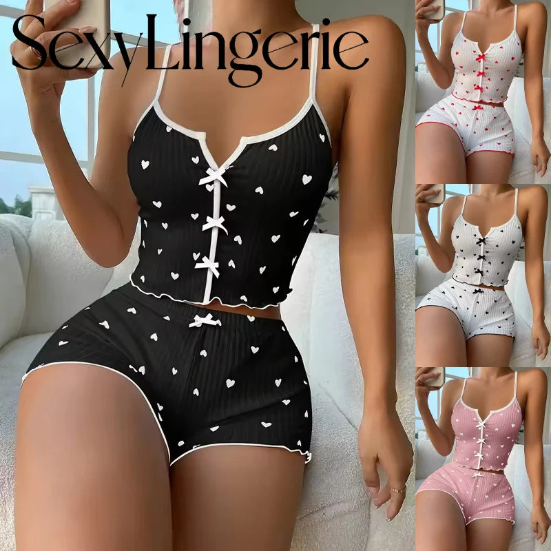 Silk Heart-Print Pajama Set – Cami Top & Shorts