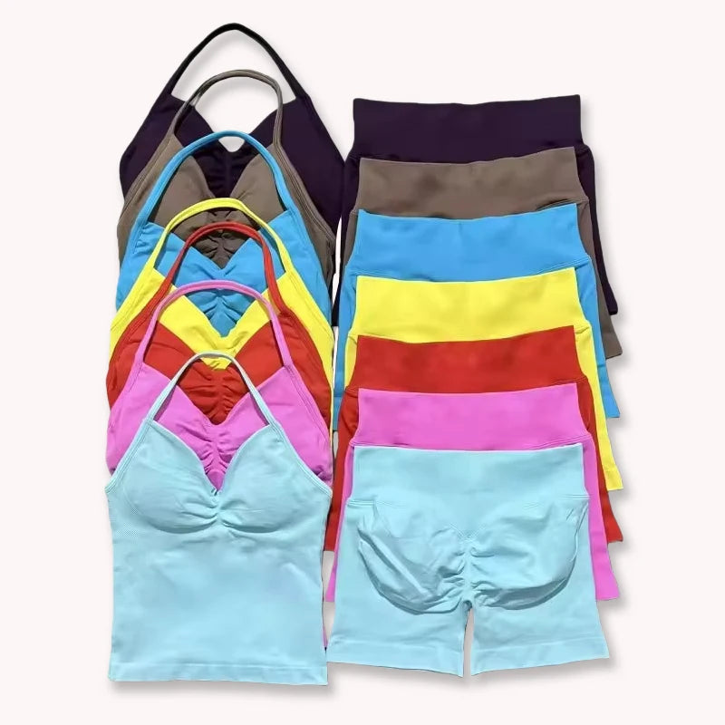 2Pcs Gym Set Yoga Longline Strappy Top and Seamless Scrunch Butt Lifting Short Workout Yoga Set Outfits