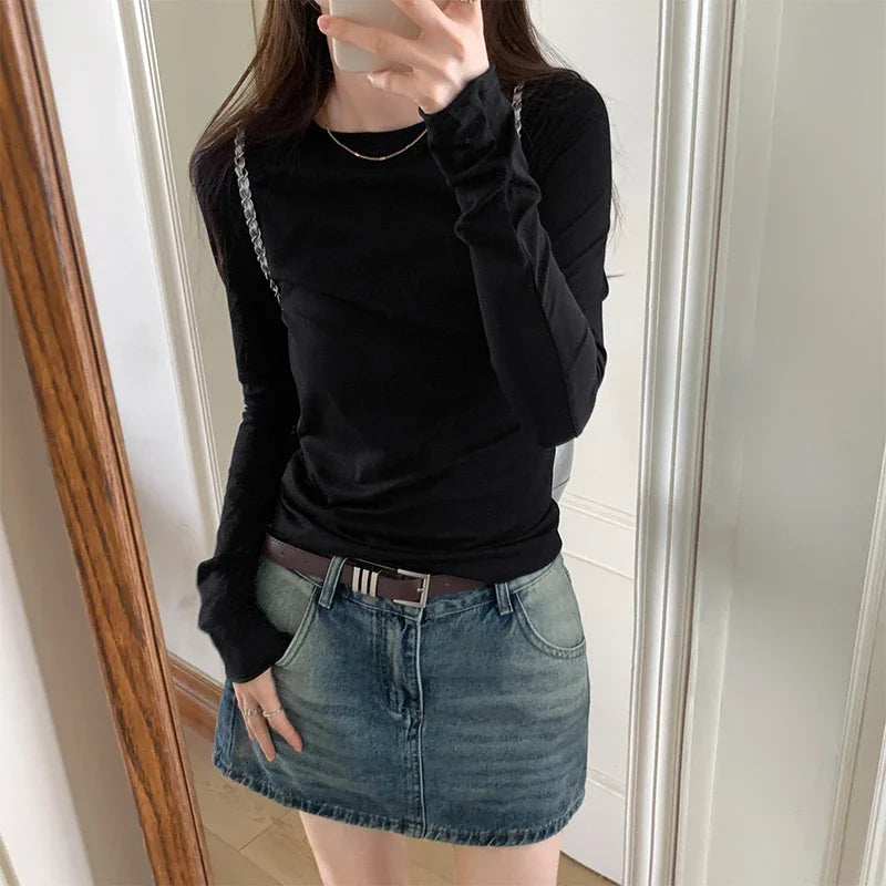Spring T shirt Women Tops Solid Long Sleeve Ruched O Neck Tshirts Female Korean Casual Streetwear High Quality Base Tees