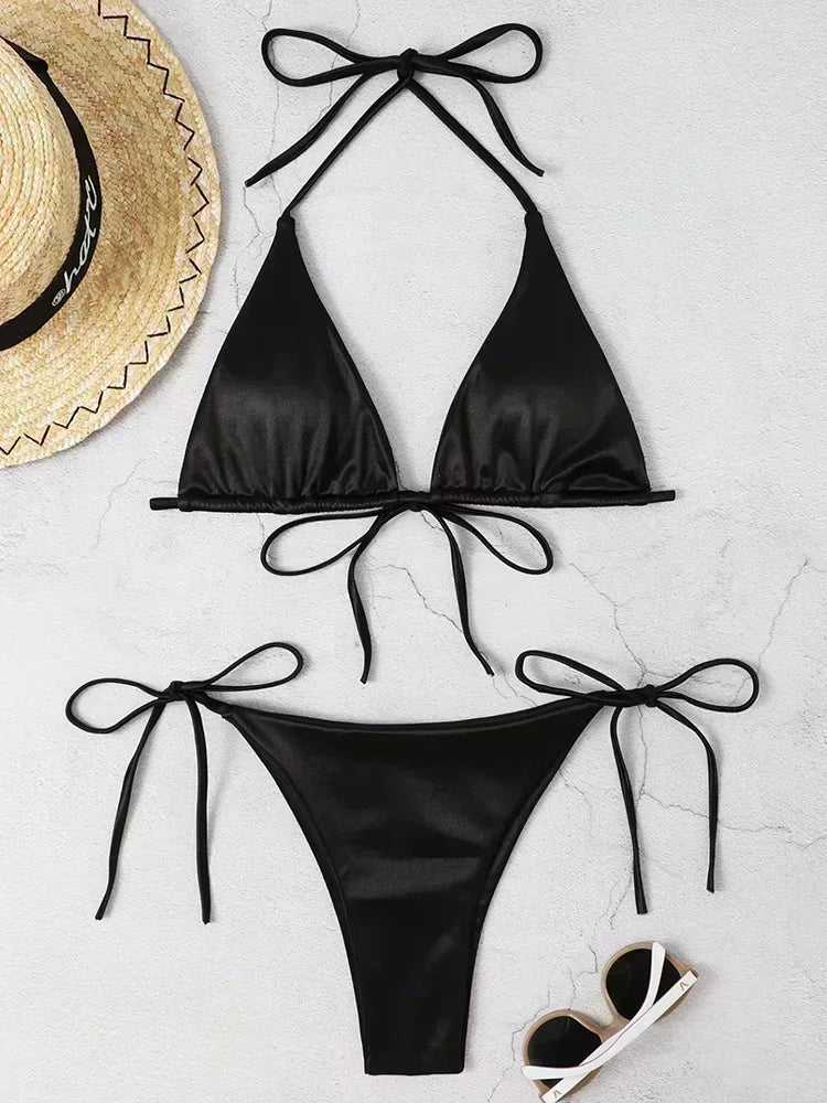 Halter Brazilian Metallic Satin Bikini Women Swimwear Female Swimsuit Two-pieces Bikini Set High Cut Bathing Suit Swim Beachwear