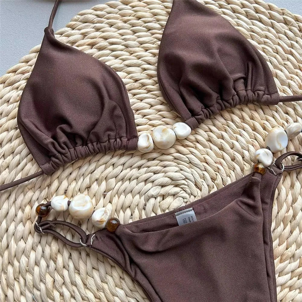 Solid Green Swimwears Sexy Halter Triangle Bead String Bikini Mini Micro Thong Swimsuit Woman  Summer Brazilian Bikinis Sets