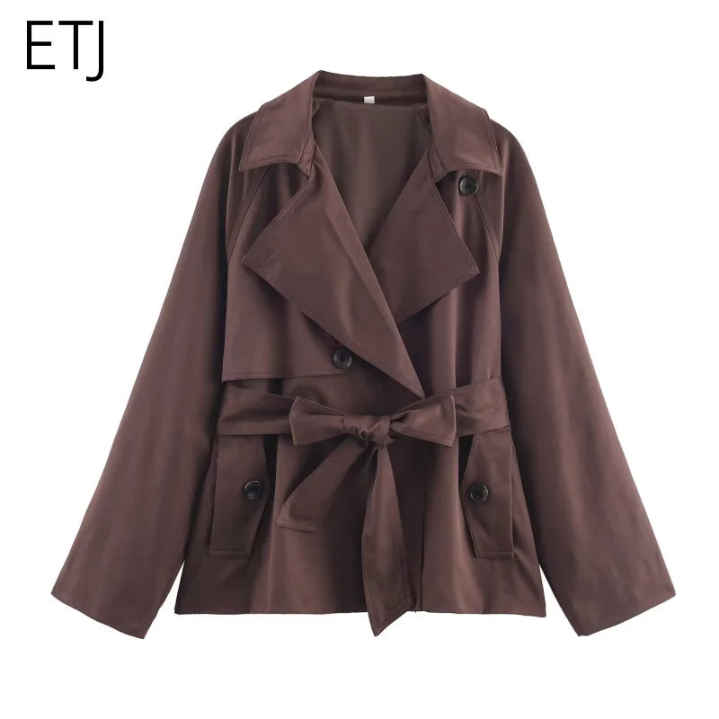 ETJ Autumn  new collection  women's British style lapel double-breasted Maillard color belt casual trench coat