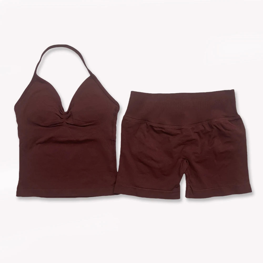 2Pcs Gym Set Yoga Longline Strappy Top and Seamless Scrunch Butt Lifting Short Workout Yoga Set Outfits