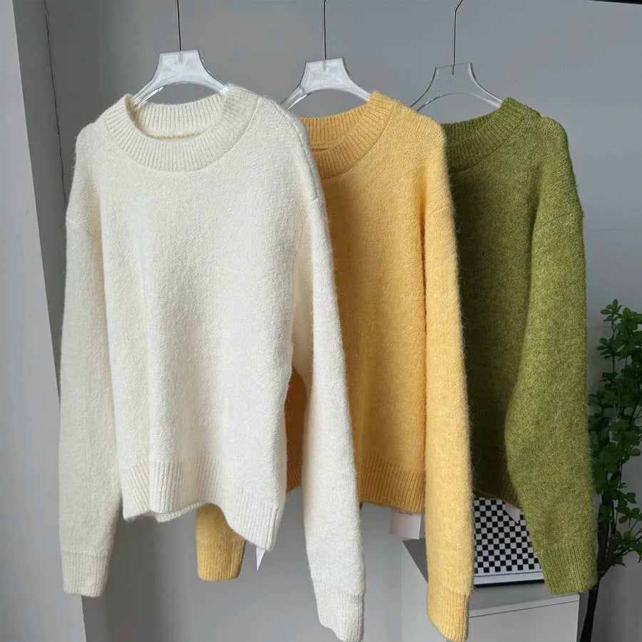 Hirsionsan Basic O Neck Basic Sleeve Sweater Women  Oversized Short Knitted Wool Pullover Female Casual Thick Warm Soft Tops