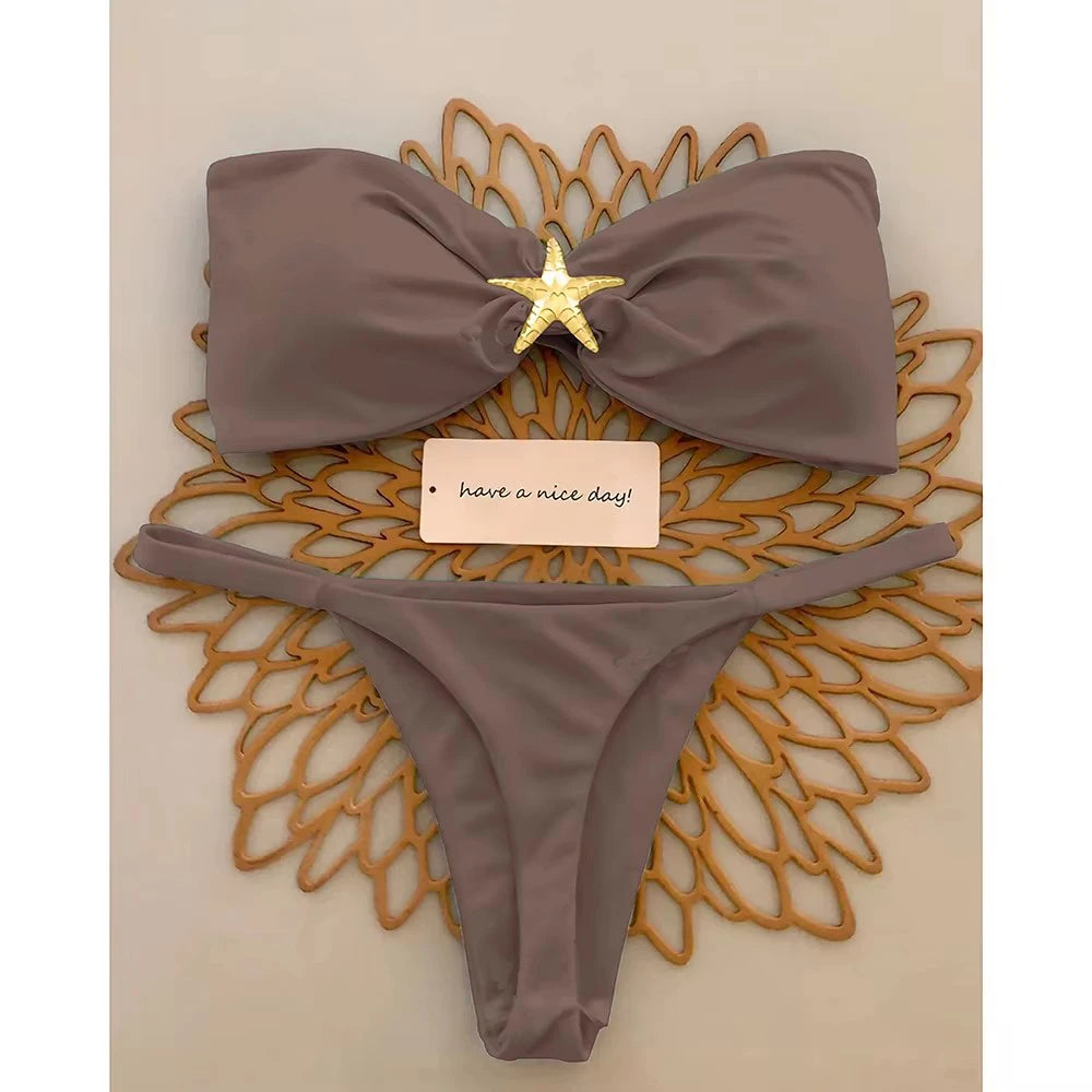 Sexy Bandeau Bikini Set  Women Sky Blue Starfish Ornament Push Up Thong Swimsuit Brazilian Beach Bathing Suit Micro Swimwear