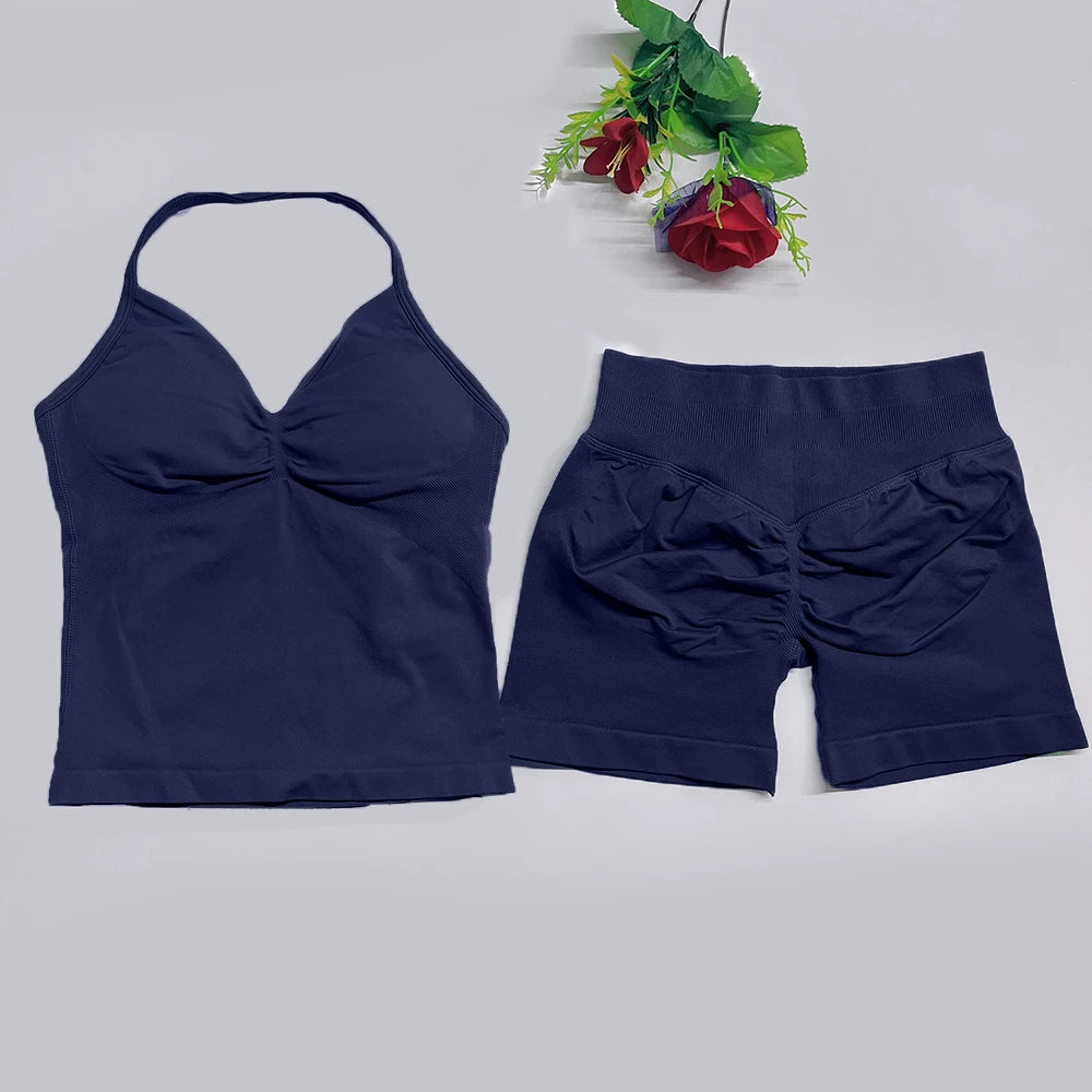 2Pcs Gym Set Yoga Longline Strappy Top and Seamless Scrunch Butt Lifting Short Workout Yoga Set Outfits