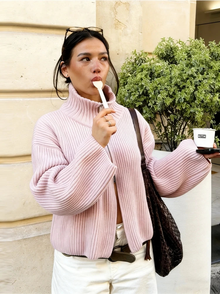 New Spring Striped Loose Knit Cardigans Women Casual Turtleneck Zip-up Pink Sweater Coat Women Knitwear Streetwear