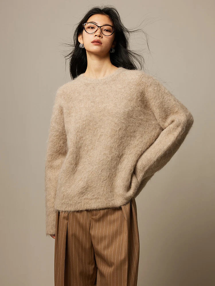 SuyaDream Warm Alpaca Pullovers for Woman, Dropped Sleeved Loose Sweaters, Brushed Wool Knit Sweater,  Fall Winter Top