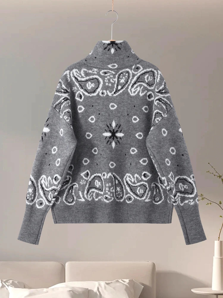 Casual Jacquard Cardigan for Women Loose Stand Collar Zipper Pockets All-match Female Sweater  Spring Thick Warm Knitwear
