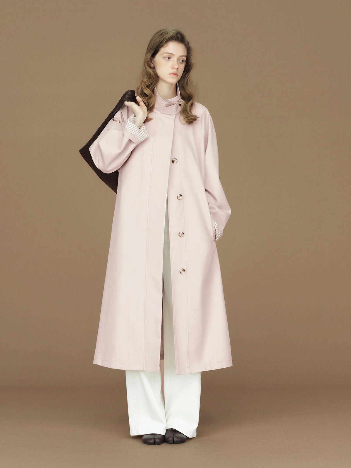 FSLE  Womens British Trench Coat Contrast Cuff Stand Collar Heritage Workwear Style Pink Black Khaki Short Long Trench Coat