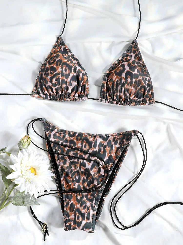 Sexy Triangle Mini Bikini Sets Micro Thongs Swimsuit Women Bathing Suit Biquini Bandage Beachwear Print Swimwear Thong Bikini
