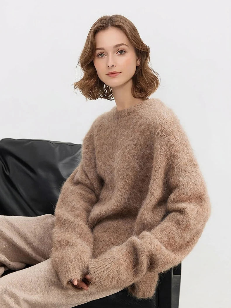 SuyaDream Warm Alpaca Pullovers for Woman, Dropped Sleeved Loose Sweaters, Brushed Wool Knit Sweater,  Fall Winter Top