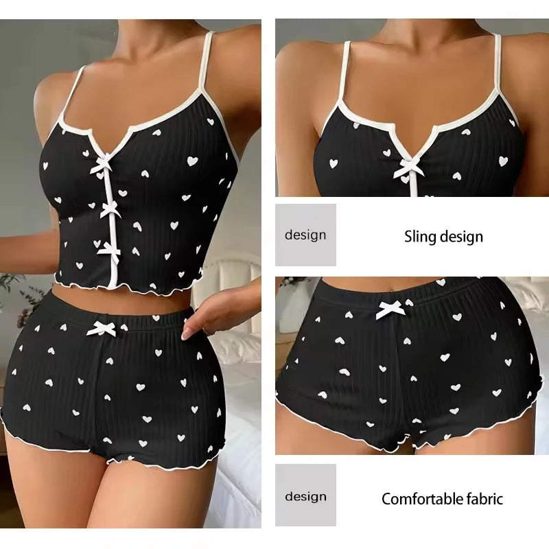 Silk Heart-Print Pajama Set – Cami Top & Shorts