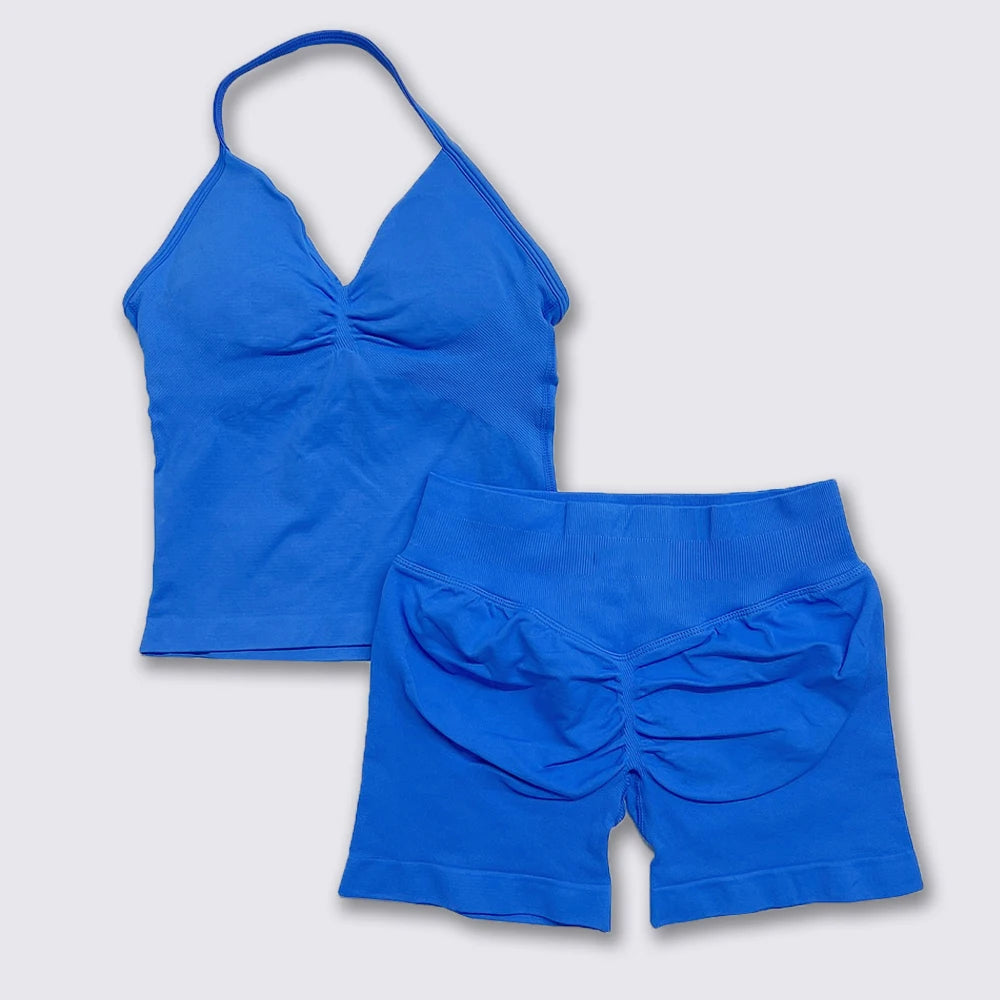 2Pcs Gym Set Yoga Longline Strappy Top and Seamless Scrunch Butt Lifting Short Workout Yoga Set Outfits