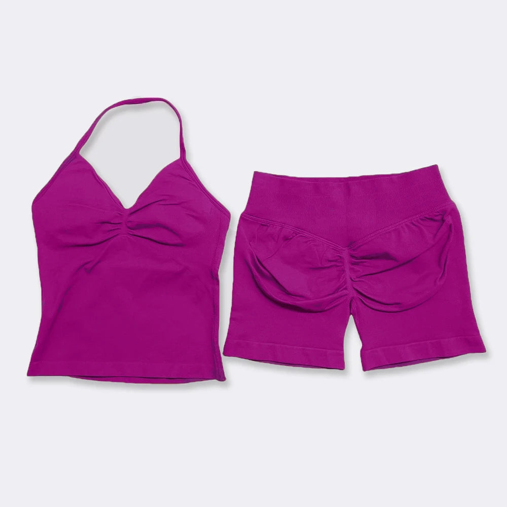 2Pcs Gym Set Yoga Longline Strappy Top and Seamless Scrunch Butt Lifting Short Workout Yoga Set Outfits