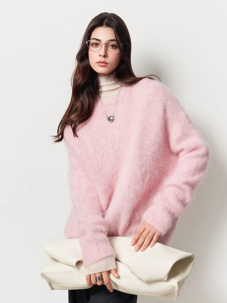 SuyaDream Warm Alpaca Pullovers for Woman, Dropped Sleeved Loose Sweaters, Brushed Wool Knit Sweater,  Fall Winter Top