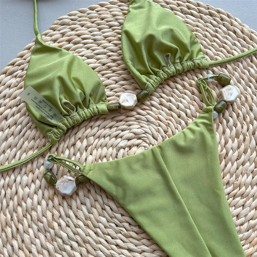 Solid Green Swimwears Sexy Halter Triangle Bead String Bikini Mini Micro Thong Swimsuit Woman  Summer Brazilian Bikinis Sets
