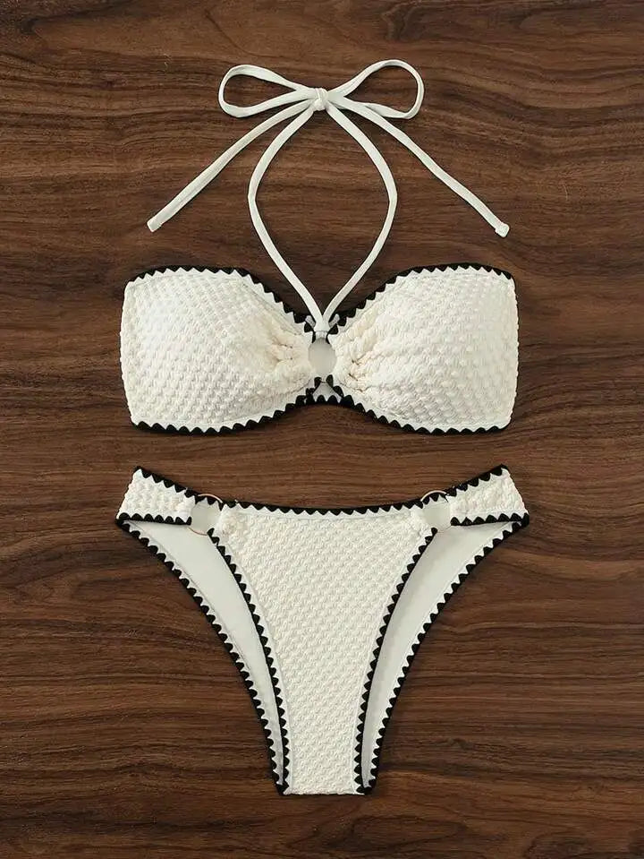 Swimwear White 2 Piece Strapless Swimsuit for Women Sexy Bandeau Backless Bikini Set Lace-up Patchwork Bathing Suit  New
