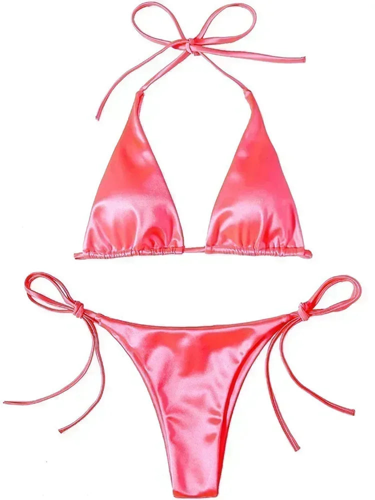 Halter Brazilian Metallic Satin Bikini Women Swimwear Female Swimsuit Two-pieces Bikini Set High Cut Bathing Suit Swim Beachwear