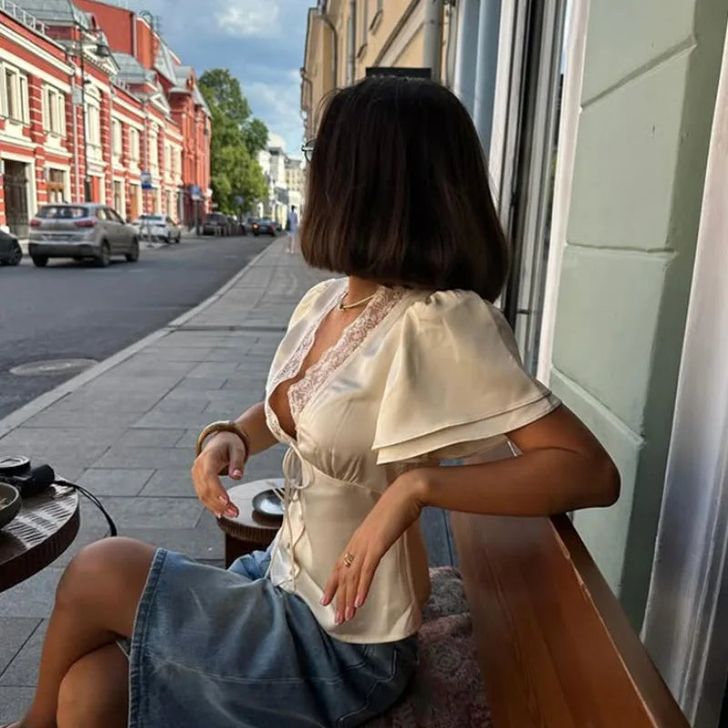 Women Solid Lace Tops V-Neck Short Sleeves Satin Slim Regular Streetwear Tees Female Summer Pure Desire Hot Girl T Shirts