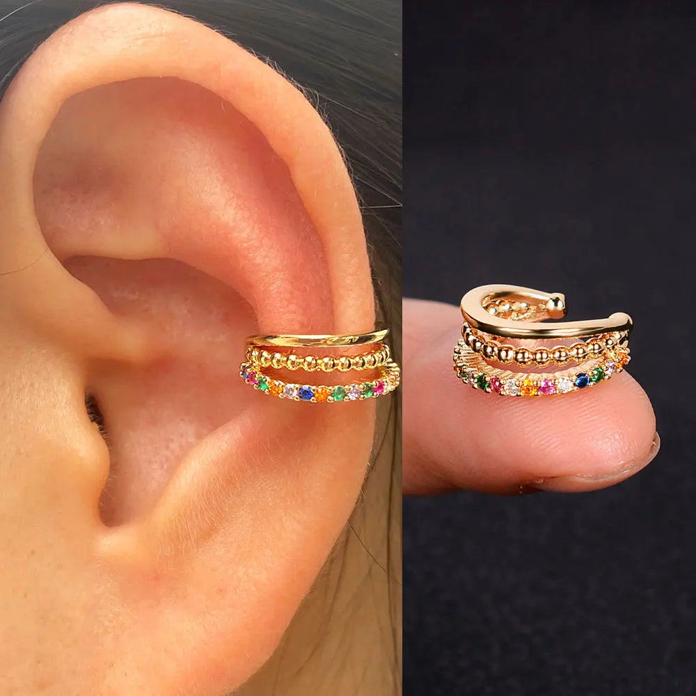 1Piece Geometry Rainbow CZ Cuff Wrap Clip On Earrings Women Girls Climber Ear Cartilage Bone Clips Fake Earring Non Piercing