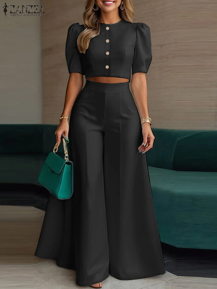 ZANZA Fashion Summer Trousers Suit 2PCS Women Matching Sets Elegant Short Sleeve Blouse Wide Leg Pant Sets OL Work Outfits